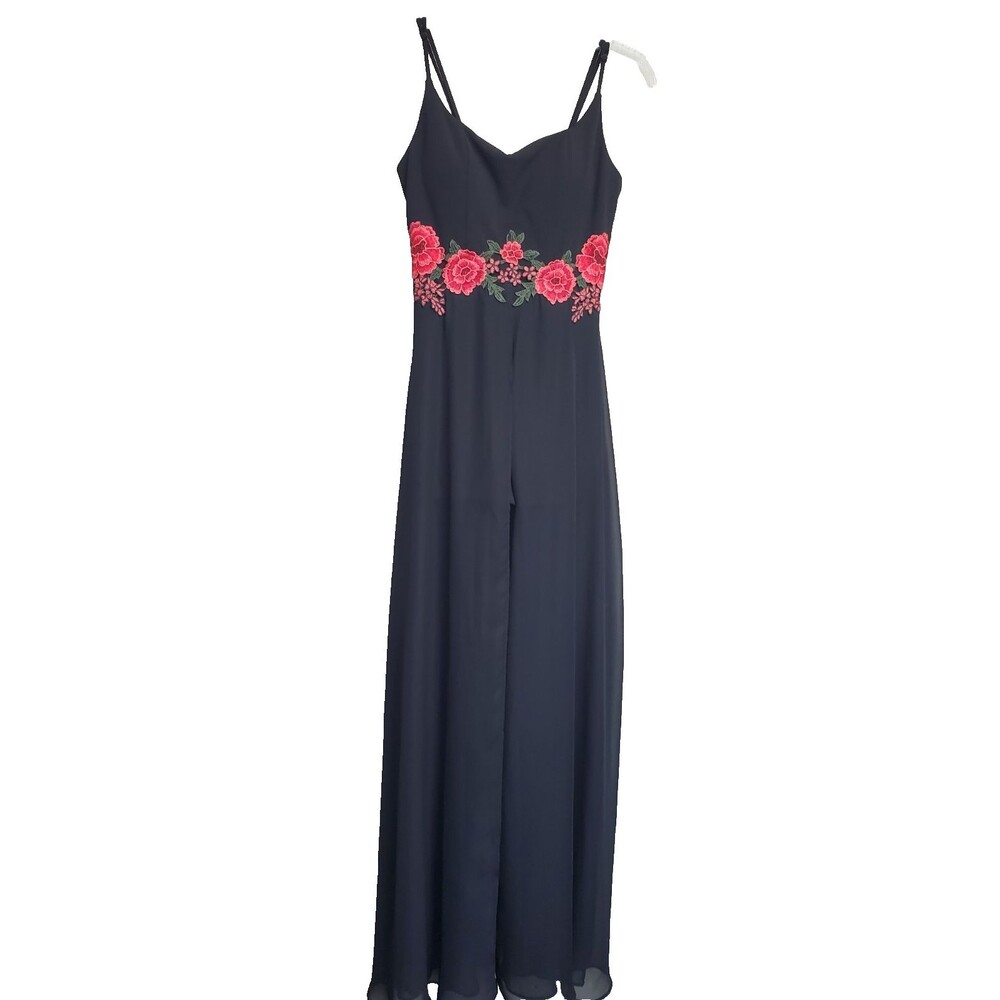 B Darlin Vintage Black Embroidered Romper with Chiffon Maxi Skirt Overlay Sz 1/2